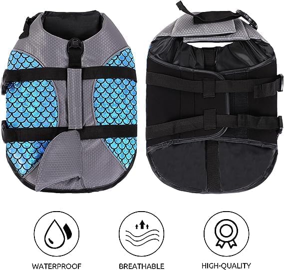 MUGATH Polyester Dog Life Jacket | Adjustable Dogs Swimming Vest with Shark Fin, Safety High Visibility Pet Floatation Vest Life Preserver for Dogs for Swimming and Boating (L, Blue) 2