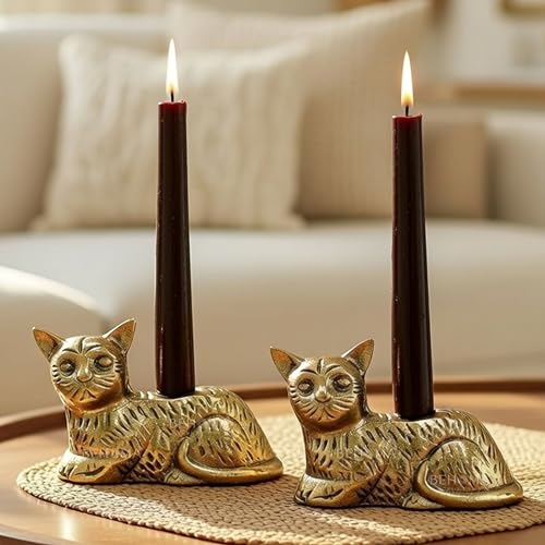 Image of BEHOMA Aluminium Cat Candle Holder Statue Set of 2 | Antique Gold Decorative Figurine for Home Decor, Table, Living Room | Best Gift Item for Anniversary, Wedding, House Warming, Return Gift