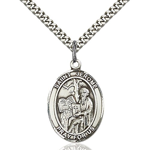 Bonyak Jewelry Saint Medal Collection Sterling Silver St. Jerome Pendant 1 x 3/4 inches with Heavy Curb Chain