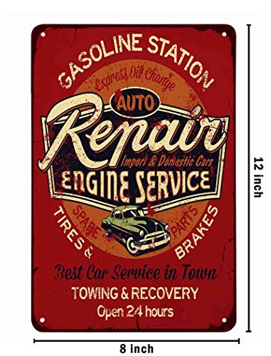 Aoyego Auto Repair Engine Service Tin Sign,Gasoline Station Tires Brakes Open 24 Hours Vintage Metal Tin Signs For Cafes Bars Pubs Shop Wall Decorative Funny Retro Signs For Men Women 8X12 Inch #TOP1