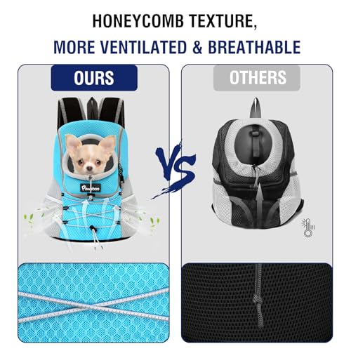 Pawaboo Pet Dog Carrier Rucksack, Puppy Dog Travel Carrier Front Pack for Small Medium Dogs Cats, Adjustable Breathable Dogs Carrying Backpack with Safety Strips for Hiking Travel Outdoor, Blue M