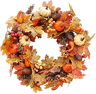 Allbestaye 19" Autumn Door Wreath Maple Leaves Pumpkin Flower Garland Halloween Thanksgiving Day Front Door Wall Hanging Decoration(Ship from UK)
