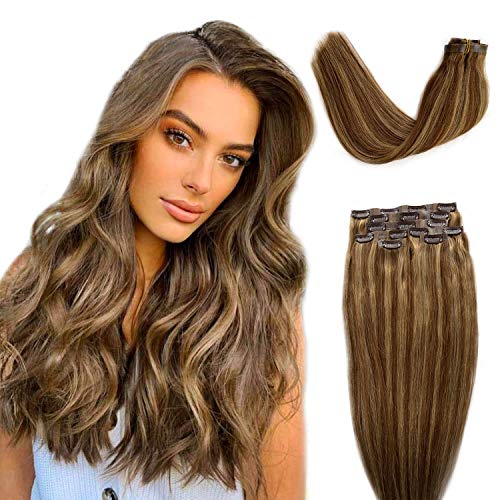 Ubetta Hair Extensions Brown to Ash Blonde Highlights Clip in Human Hair Extensions 7 pcs Remy Skin Weft Clip in Extensions 100Gram 14" PU Weft Invisible Clip in Hair Extensions with Blonde Highlights