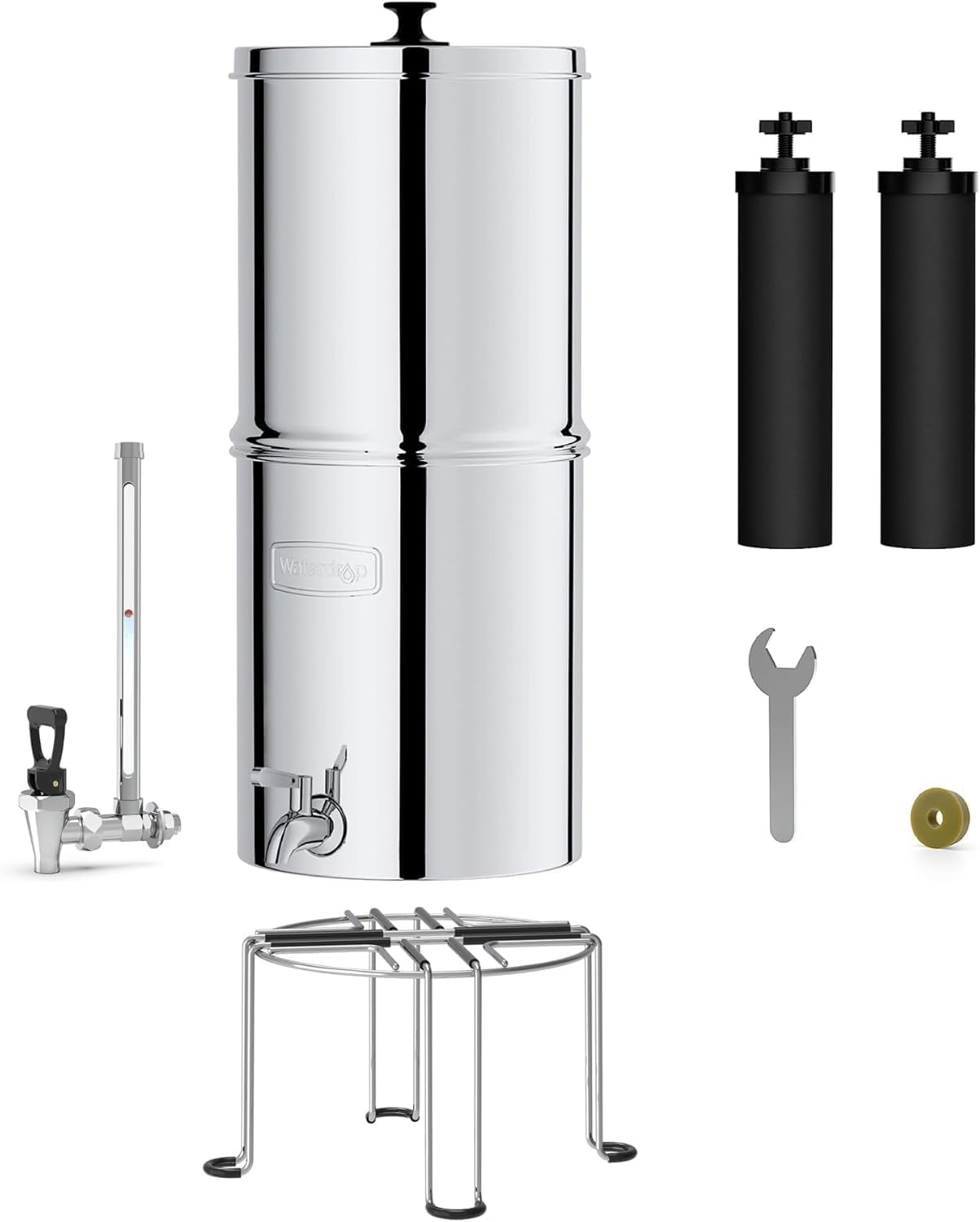 Waterdrop Gravity-fed Water Filter System, Reduces Lead and up to 99% of Chlorine, NSF/ANSI 42&372 Standard, with 2 Black Carbon Filters, Stainless Steel Stand and Sight Glass Spigot