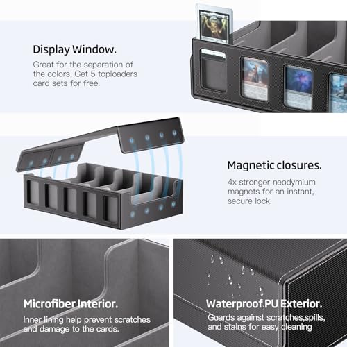 Image of Trading Card Storage Box 5-Row 3900+ Capacity,TCG MTG Card Case with Magnetic Lid & Commander Display,Top Loader Storage for Sports Cards,Includes Dividers Dice Box(Black)