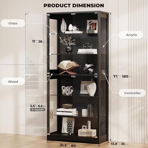 Image of BROTTAR Display Cabinet with Glass Door, 6-Tier 71 inch Curio Cabinet with 3 Color Lights for Collectibles, Display Case with Adjustable Glass Shelves, Human Body Sensor, Storage Cabinets, Black