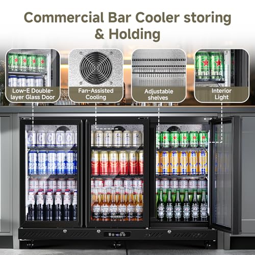 Image of BODEGACOOLER Back Bar Cooler with 3 Glass Doors,12 Cu.Ft Undercounter Commercial Bar Beverage Refrigerator,Stainless Steel Top Drink Fridge for Beer Soda LED Lighting,DOE Approved,Restaurant,Store