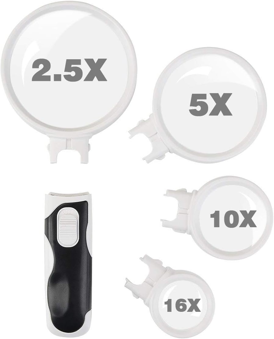 Magnifying glass with LED Lights,Includes 4 Lens(2.5x,5x,10x,16x) Handheld magnifer Loupe for Hobby, Reading,Crafts,Macular Degeneration