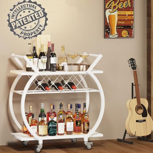 Image of LVB White Bar Cart, Modern Rolling Serving Wine Cart with Storage for Home | Coffee Liquor Drink Cart with Wheels, Wood and Metal Kitchen Microwave Beverage Cart, Drink Liquor Cart for Dining Room