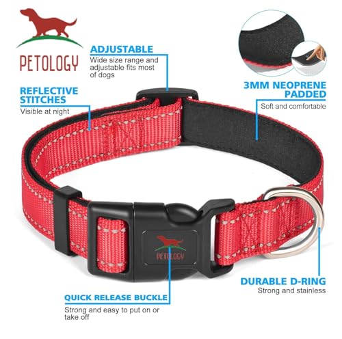 Image of Petology Reflective Adjustable Dog Collar for Medium Dogs (30-40 cms) | Soft Neoprene Padded Nylon Pet Collar with Safe & Quick Release Buckle | Comfortable, Lightweight & Durable