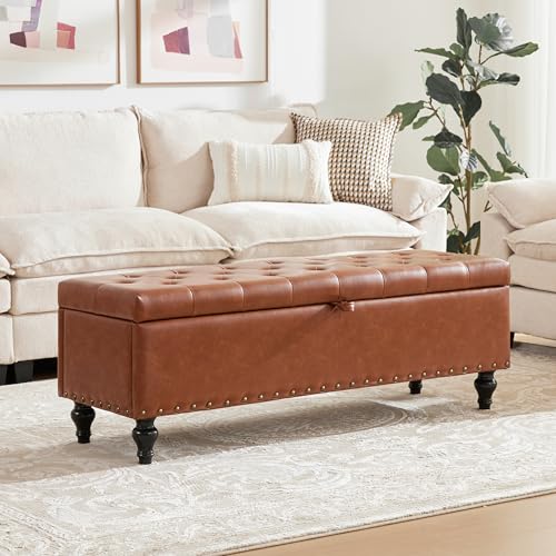 Dowiean 51.8’’ Storage Ottoman Bench, Faux Leather Ottoman with Storages, Window Benches Holds up to 330lbs, Upholstered Storage Bench for Bedroom, Living Room, Entryway and Family Room, Brown
