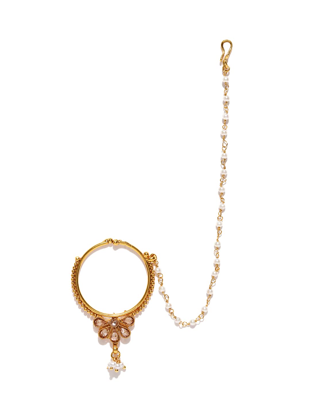 Priyaasi Kundan Studded Gold Plated Floral Nose Ring Without Piercing Clip On - Adjustable Traditional Nath with Pearl Chain (B0BLGHDJKM) Amazon Price History, Amazon Price Tracker