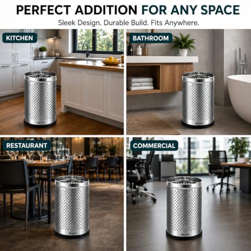 Image of mofna Stainless Steel Perforated Silver Dustbin for Home, Trash Can with Anti-skid Base, Garbage Bin for Bathroom, Office, Kitchen Commercial Use- (8x12 In -10 Liter, Pack of 4)