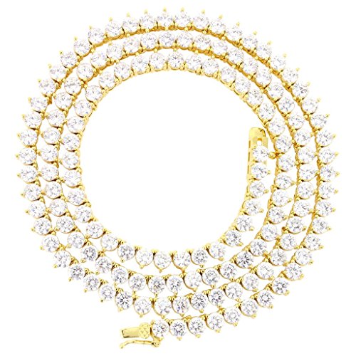 Unisex 1 Row 14K Gold Finish Lab Created Diamonds 4MM Thick 3 Prong Stone Tennis Necklace Chain 16-24 Inches Bracelet 6.5-8.5 Inches Iced Out Solitaires