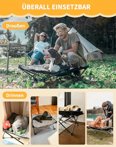KingCamp Erhöhtes Hundebett Hundeliege Outdoor Haustierbett Haustierliege Atmungsaktivem Mesh & Wildledermatte & Rutschfesten Füßen für Reisen Garten Outdoor Indoor, Schwarz 57 x 57 x 23 cm