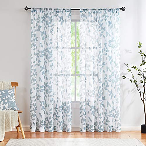 Image of Blue White Sheer Curtains 84 inch Long Living Room Leaf Printed Linen Textured Semi Sheer Drapes for Guest Bedroom Botanical Country Rustic Light Filtering Window Treatment Sets for Dining Kitchen 2 pcs