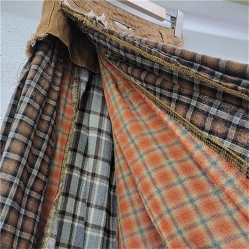 Women Denim Skirt Patchwork Contrast Color Plaid Print Split Buttons A-Line High Waist Long Skirts3