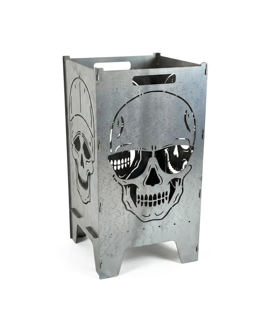 Lehnert Feuertonne Totenkopf Sonnenbrille Cap 74 cm aus 3 mm Stahlblech Feuerkorb Feuerschale Feuerstelle mit 2 Totenkopf Motiven, große Massive und Feuerfeste Feuerstelle für Garten und Terrasse