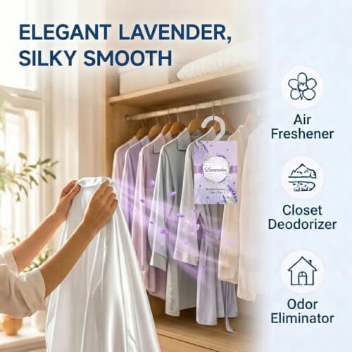 Image of 12 Packs Lavender Scented Sachets for Closets and Drawers - Natural Lavender Essential Oil Hanging Bags with Retractable Hook - Ideal for Lingerie, Silk Sheets, Bedding & Nightwear Care