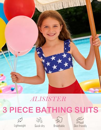 Image of ALISISTER Girls Swimsuit 3 Piece Bathing Suits Summer Bikini Tankini Sets with Cover Up Skirt for 4-12 Years