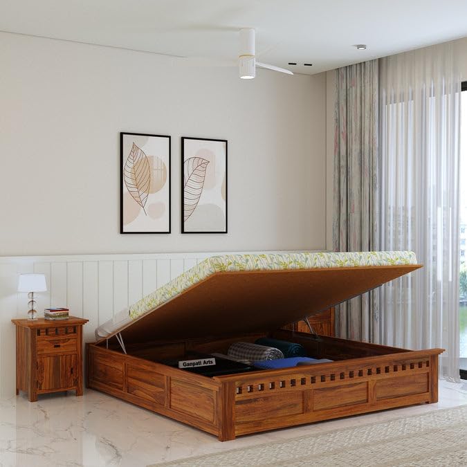 Ganpati Arts Armania Solid Sheesham Wood Queen Size Bed with Hydraulic Storage Without Headboard Wooden Double Bed Cot Palang Furniture for Bedroom Living Room Home (Natural Finish)