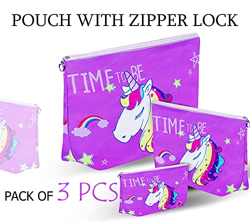 Image of FunBlast Multipurpose Canvas Pouch - Pack of 3 Pcs Pouch with Zipper Lock, Stationary Organizer Pouch, Travel Accessories Pouch Bag, Cosmetic Bag, Money Purse, Handbag (Unicorn-Purple)