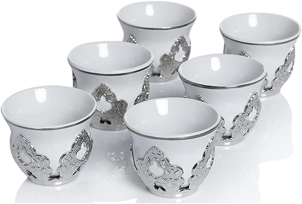Coffee Porcelain Cups with Holders Set for 6 Person Silver Gift Birthday Made in Turkey