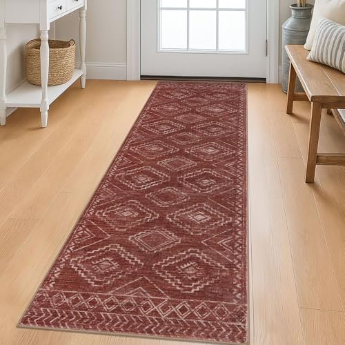 KILOCOCO Boho Kitchen Runner Rug 2x6 Washable Runner Rug, Soft Runners for Hallways Non Slip Printed Distressed Laundry Room Rug, Low-Pile Rug for Entryway/Bedroom/Living Room, Burnt Orange/Red