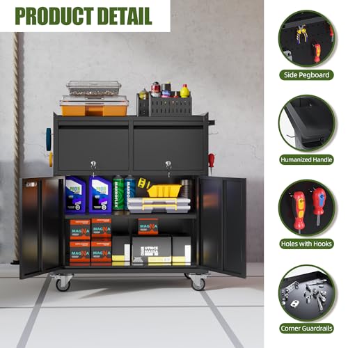 Image of Aobabo Rolling Metal Garage Cabinet with 2 Drawers, Lock and Pegboard