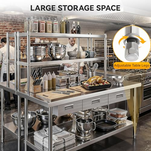 Image of DWVO 60x24in Stainless Steel Table with Adjustable Overshelf & 3 Drawers | NSF Metal Prep Worktable for Kitchen Restaurant Hotel Garage Warehouse Home Commercial