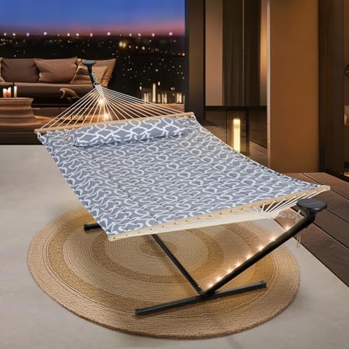 Image of SUNCREAT Hammocks Outdoor 2 Person Hammock with Solar Powered Lights, Double Hammock with 12 ft Stand Included, Light Gray