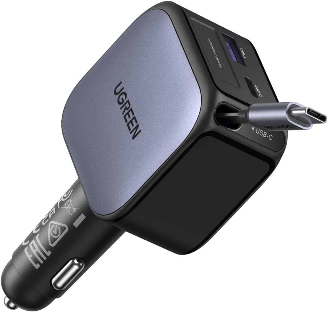 UGREEN 3-Port Sigarettenaansteker 60W Intrekbare Autolader 30W Geïntegreerde USB C Kabel Autotoebehoren Auto 12V Adapter voor iPhone 17/16/15, Galaxy S25/24, GPS etc.
