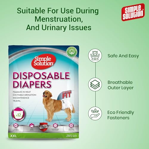 Image of Simple Solution Disposable Diapers for Dogs, Insta Shield Core, Leak-Proof, Fur-Friendly Fasteners, Ideal for Females in Heat, Incontinence & Travel - Pack of 12 (XXL)
