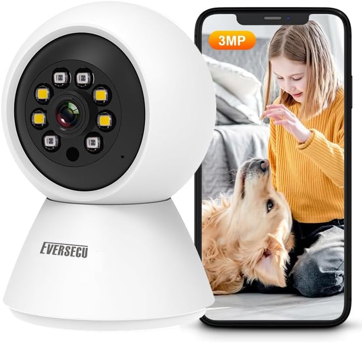 Miniatura 2 de EVERSECU Cámara de seguridad HD 2K 3.0MP WiFi para el hogar, panorámicainclinación, seguimiento automático humanoide, audio de 2 vías, visión