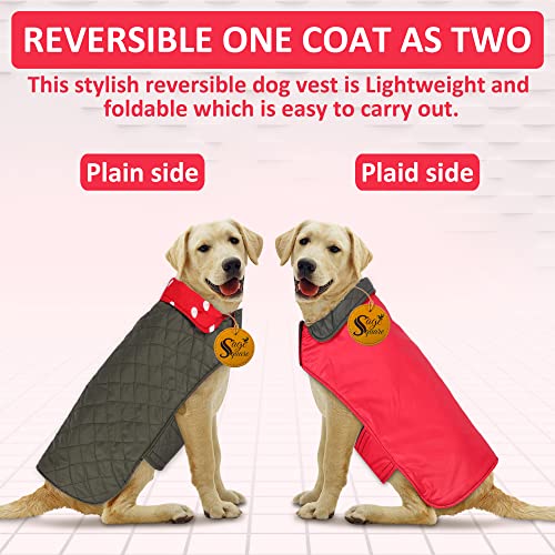 Image of Sage Square Double-Sided Quilted Dog Jacket - Weather-Resistant, Lightweight, Waterproof, Designed for Comfort & Warmth, Adjustable Fit, Perfect for Indoors or Outdoors (Medium- 20 Inches, Red)