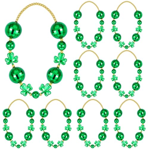 Cozypower 8 Pcs 36'' St. Patrick's Day Jumbo Ball Beads Necklaces Set Green Jumbo Shamrock Ball Round Bead Necklace Bundle for Irish Holiday Party Costume Accessories