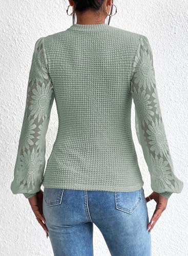 Image of BLENCOT Womens Casual Crochet Top Mesh Lace Long Sleeve Shirts Waffle Knit Blouse Crewneck Shirt Fall Womens Tops Pullover