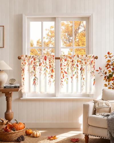 Image of Miss Adola 24 Inch Length Kitchen Tier Curtains Fall Leaves Cafe Curtains