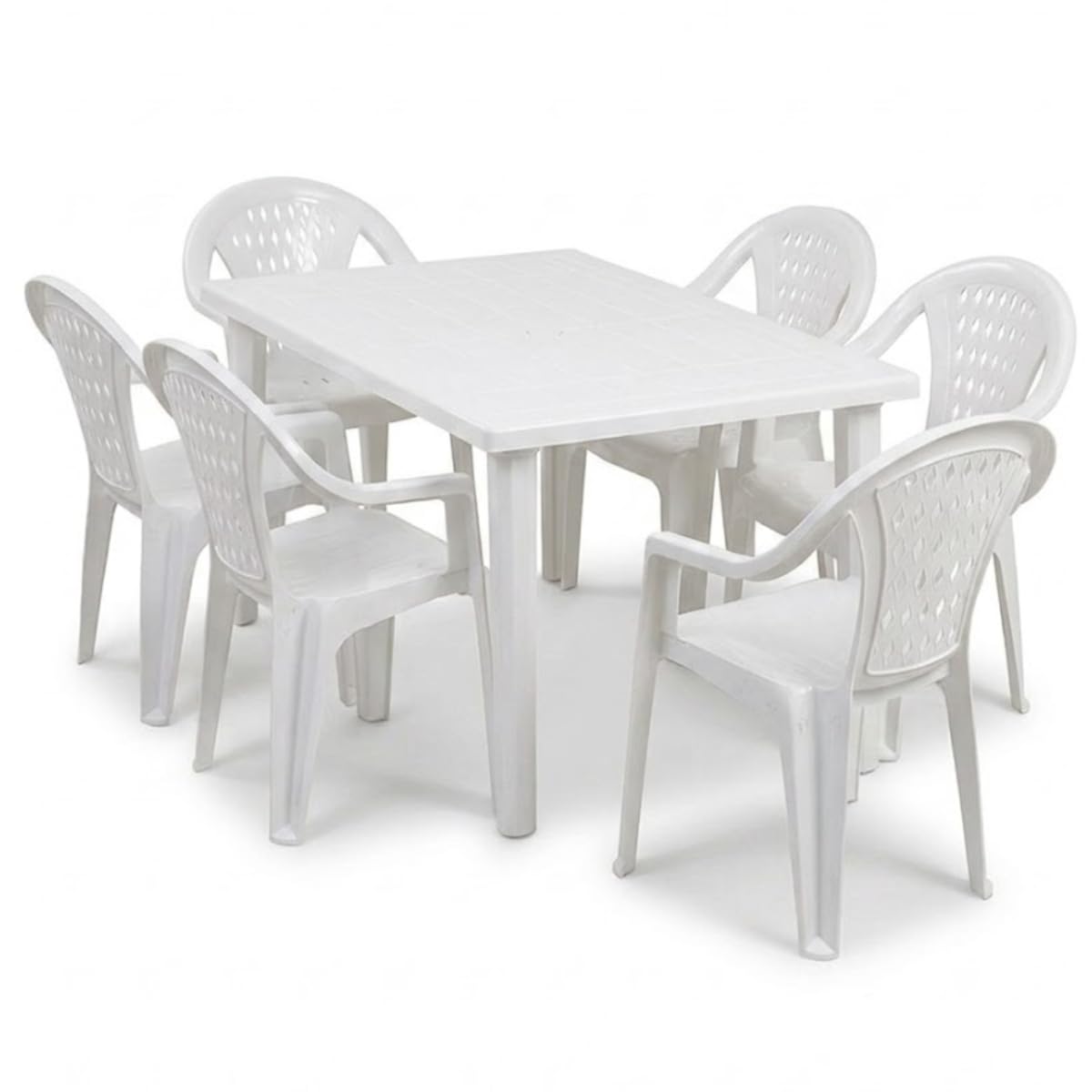 Tomaino - Table et chaises de jardin en plastique - Set Marshall 4 ou 6 places - Table rectangulaire - Chaises empilables avec accoudoirs pour extérieur en polypropylène - Terrasse, balcon, bar (6