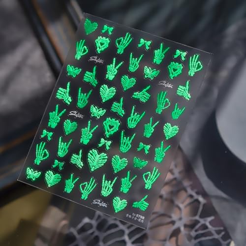 Image of Human Skeleton Nail Stickers Luminous Fluorescent Nail Art Stickers 5D Embossed Self Adhesive with Bones of Hand Design Goth Nails Decals for Women Manicure Decoration