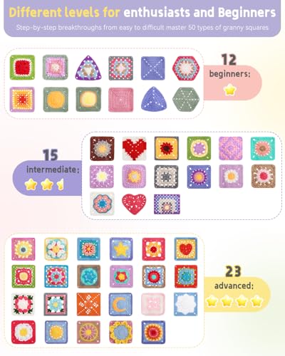 Image of Katech Crochet Kit for Beginners, 50 Granny Squares Crochet Kits for Adults Beginner Learn to Crochets w /Step-by-Step Video Tuturials, Knitting Kit w /1378yds Yarn Granny Square Card Deck- 80% Cotton