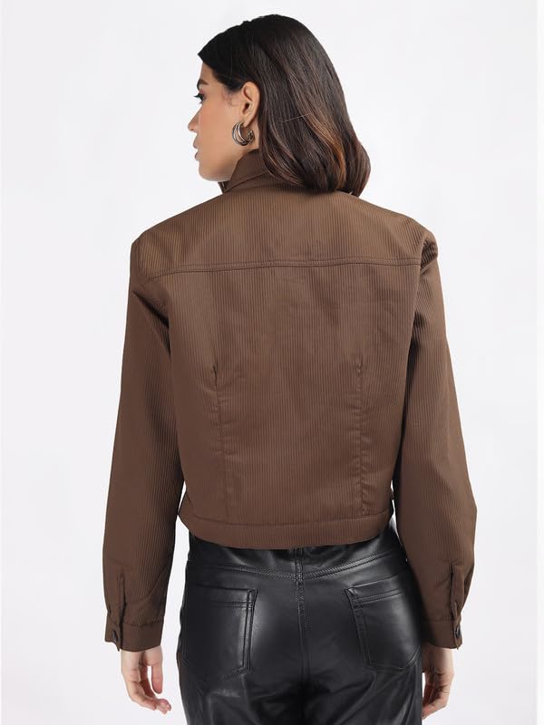 Image of CHKOKKO Solid Crop Jackets for Women stylish latest Long Sleeve Stylish Winter Shirt Jacket Casual Outerwear for Office
