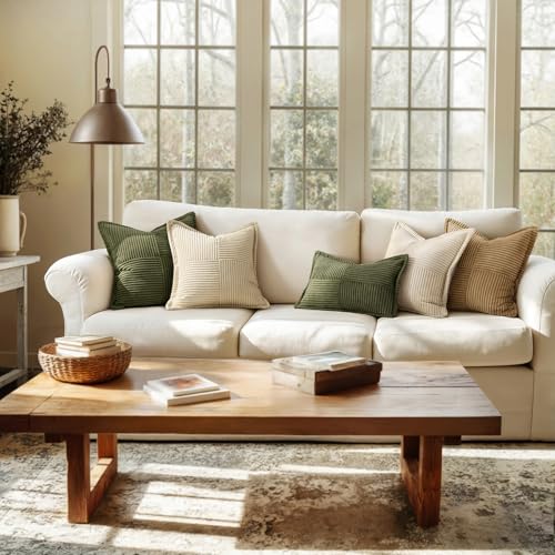 Image of MIULEE Spring Decorative Throw Pillow Covers for Couch Bed Livingroom 20x20 Inch Set of 2 Olive Green Boho Accent Throw Pllows Broadside Striped Patchwork Soft Corduroy Summer Pillowcases
