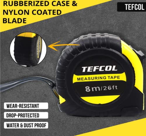 TEFCOL Retractable Tape Measure 8m 26Ft, Heavy Duty Nylon Coated Measuring Tape, Imperial and Metric Measurement with Metal Belt Clip (Black Yellow) 2 TEFCOL Retractable Tape Measure 8m 26Ft, Heavy Duty Nylon Coated Measuring Tape, Imperial and Metric Measurement with Metal Belt Clip (Black Yellow) - Image 2