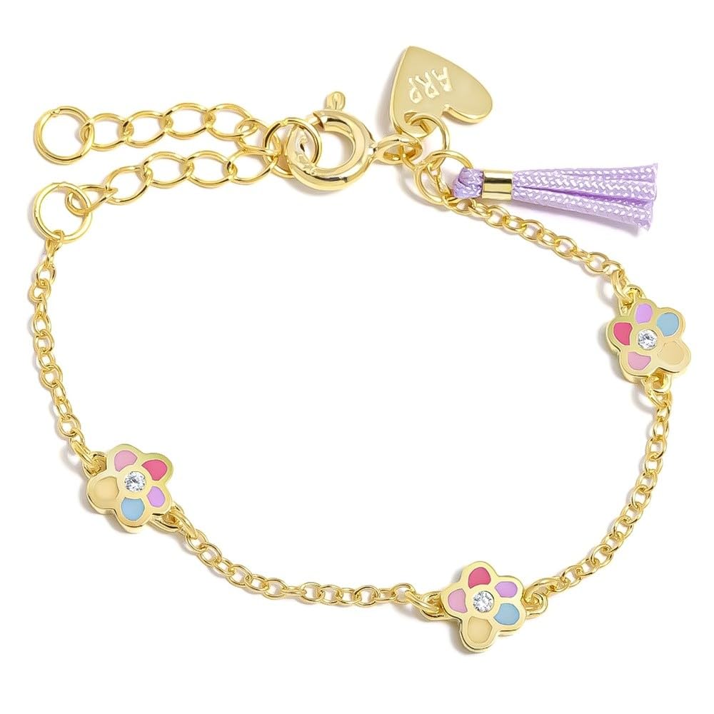 Agatha Ruiz de la Prada Pulsera Plata Ley 925m chapada oro niña NEW 14cm. flores esmaltadas