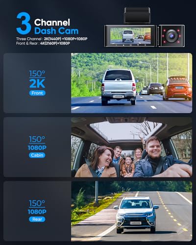 AZDOME 3 Channel 4K Dash Cam for Cars, 4K+1K Dash Cam Front and Rear, 1440P+1080P+1080P Triple Dash Cam, 3.19\" IPS Screen, Built-in GPS WDR IR Night Vision, 24H Parking Mode, 64GB Card Included - Thumbnail 2