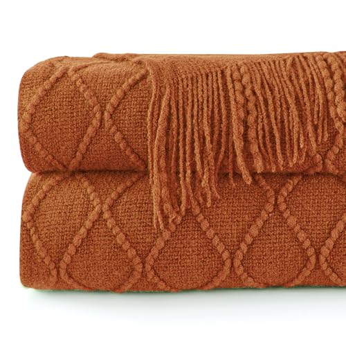 inhand Knitted Throw Blankets for Couch and Bed, Soft Cozy Knit Blanket with Tassel, Orange Rust Lightweight Decorative Blankets and Throws, Farmhouse Warm Woven Blanket for Men and Women, 60"x80"