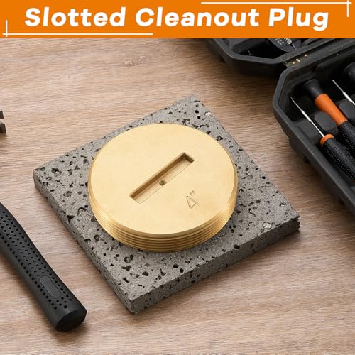 Image of MorningRo 2 Pcs 4 Inch Slotted Brass Cleanout Plug Sewer Cleanout Plug Wrench Sewer Cleanout Cap for Drain, Waste, and Vent Purposes