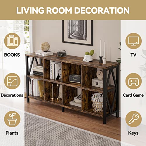 Someet 8 Cubes Basic Open Bookshelf With Back Panel, Horizontal Organizer Cubby Storage Bookcase With Legs, Industrial Rustic Wood And Metal Long Display Cabinet Shelf For Living Room, Walnut Brown #TOP2