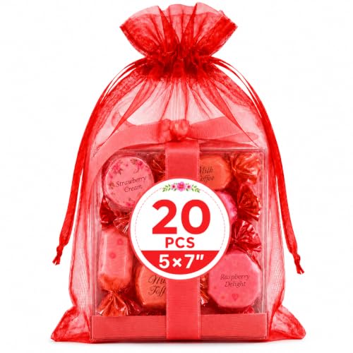 Image of XCLUSY 20PCS (13X18CM)(5x7 inchINCH) Potli Bags for Gifting - Multipurpose Wedding Return Gift Bags | Party Favour, Birthday, Anniversary, Festive Packing Pouches | Organza, Cloth, Brocade, Fancy Luxury Goodie Bags (5x7 Inch RED, 1 Count(Pack of 20))